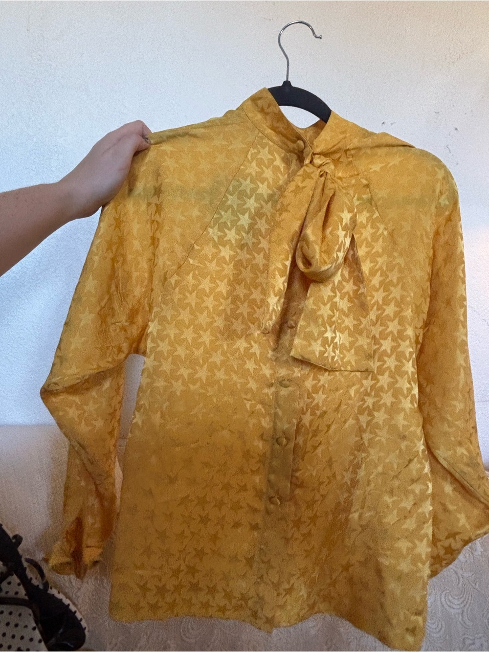 Yellow Star Jacquard Tie-Neck Blouse